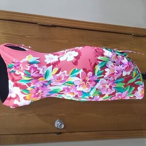 Roidal pink green tropical floral cinched side dress